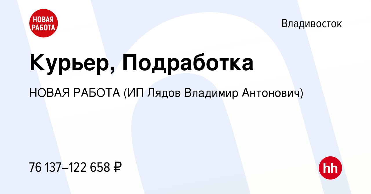 Вакансия Курьер, Подработка во Владивостоке, работа в компании НОВАЯ РАБОТА  (ИП Лядов Владимир Антонович) (вакансия в архиве c 2 апреля 2024)