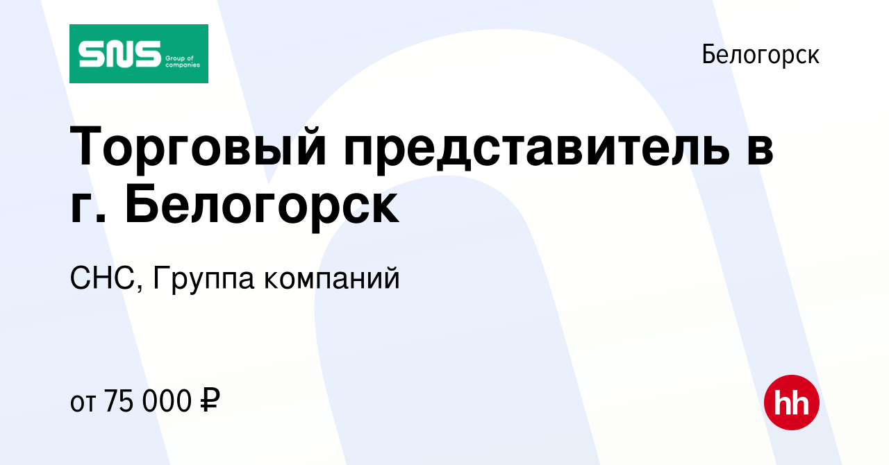 Вакансия Торговый представитель в г. Белогорск в Белогорске, работа в  компании СНС, Группа компаний (вакансия в архиве c 18 июня 2024)