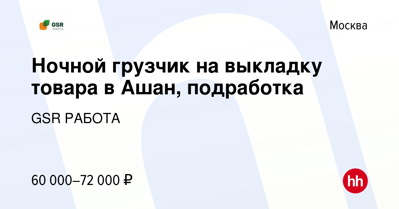 Вакансия Ночной грузчик на выкладку товара в Ашан, подработка в Москве,  работа в компании GSR РАБОТА (вакансия в архиве c 19 мая 2024)