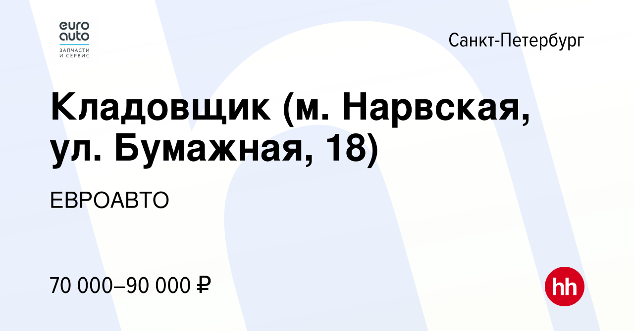 Вакансия Кладовщик (м. Нарвская, ул. Бумажная, 18) в Санкт-Петербурге,  работа в компании ЕВРОАВТО