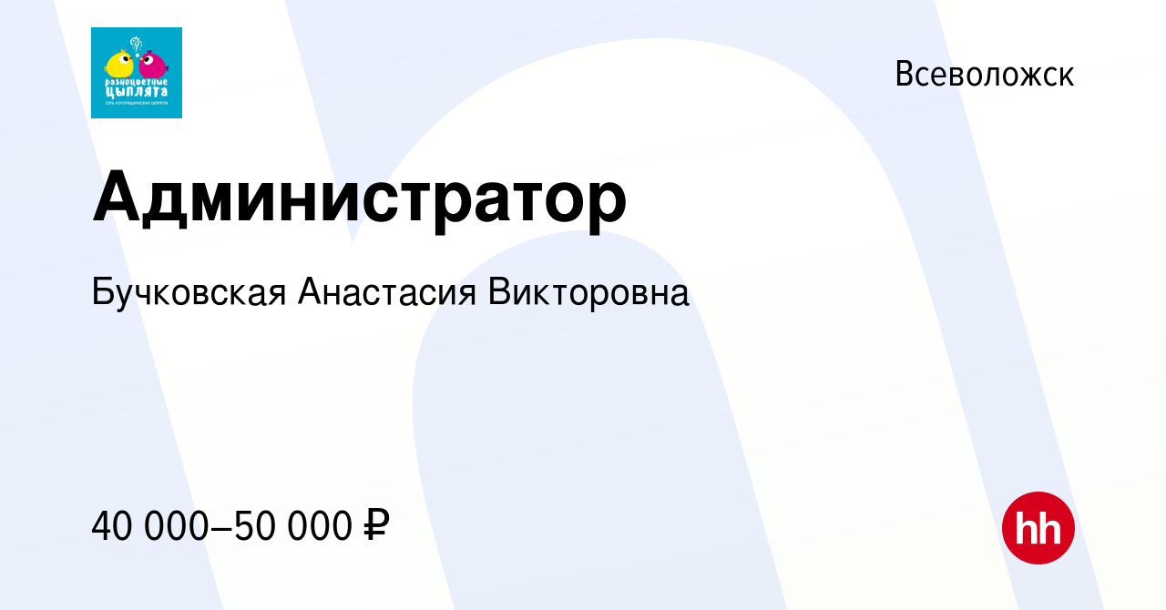 Вакансия Администратор во Всеволожске, работа в компании Бучковская  Анастасия Викторовна (вакансия в архиве c 7 апреля 2024)