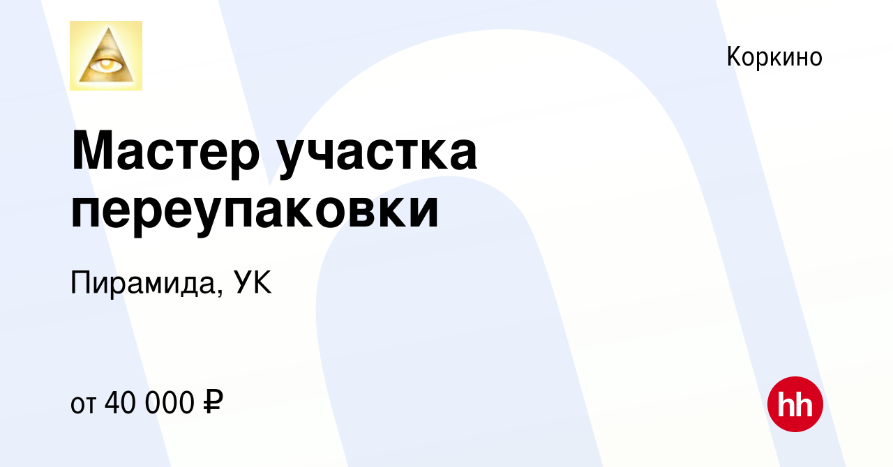 Вакансия Мастер участка переупаковки в Коркино, работа в компании Пирамида,  УК (вакансия в архиве c 14 апреля 2024)