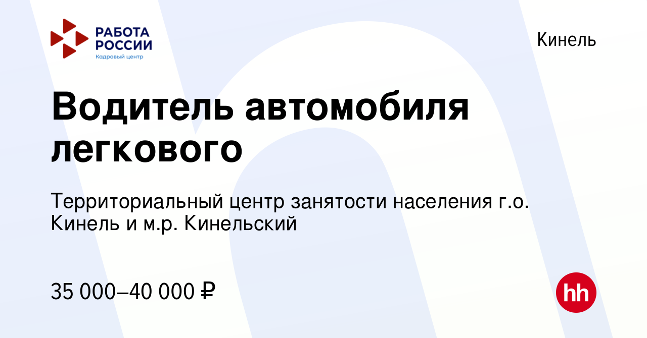 Вакансия Водитель автомобиля легкового в Кинеле, работа в компании  Территориальный центр занятости населения г.о. Кинель и м.р. Кинельский  (вакансия в архиве c 20 апреля 2024)