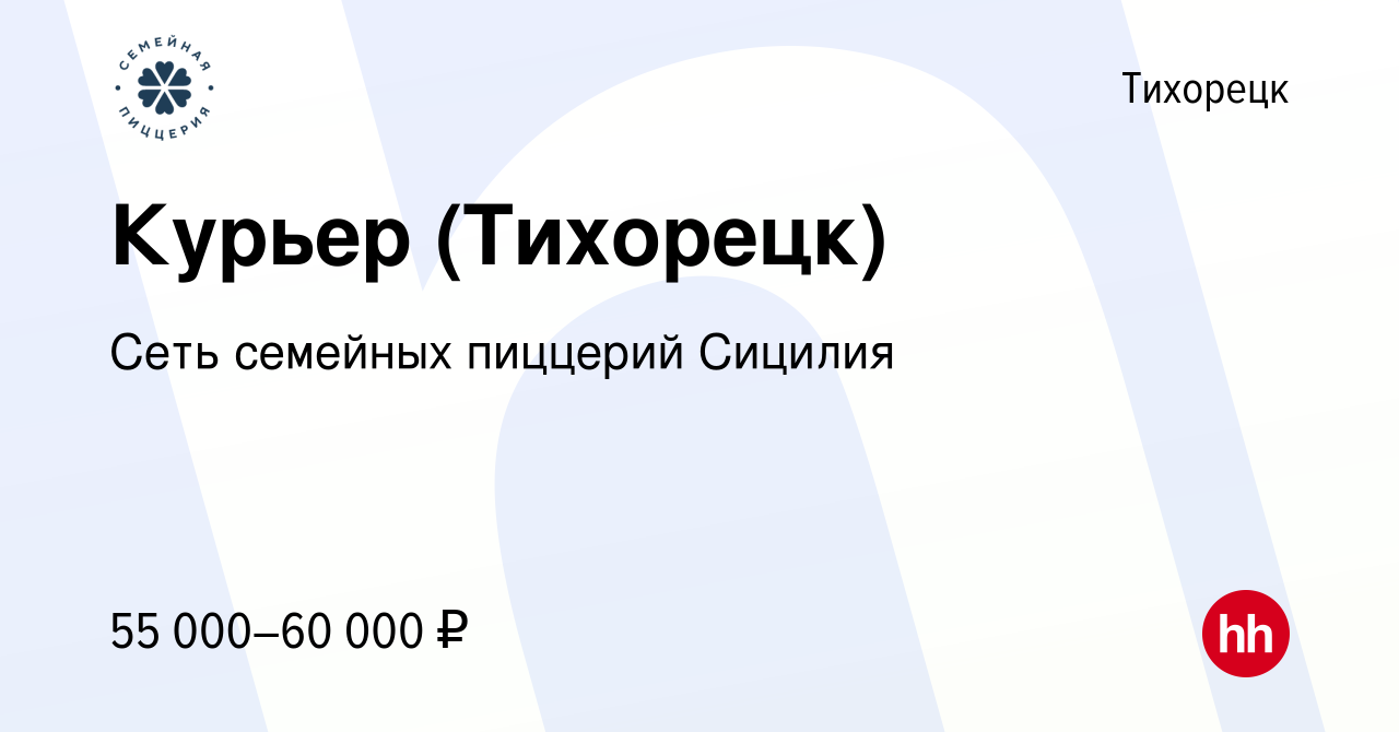 Вакансия Курьер (Тихорецк) в Тихорецке, работа в компании Сеть семейных  пиццерий Сицилия (вакансия в архиве c 8 мая 2024)