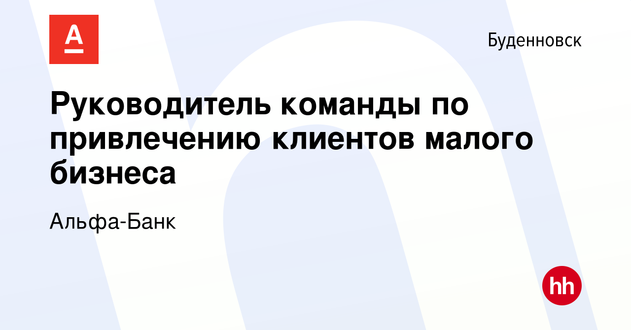 Вакансия Руководитель команды по привлечению клиентов малого бизнеса в  Буденновске, работа в компании Альфа-Банк (вакансия в архиве c 26 мая 2024)