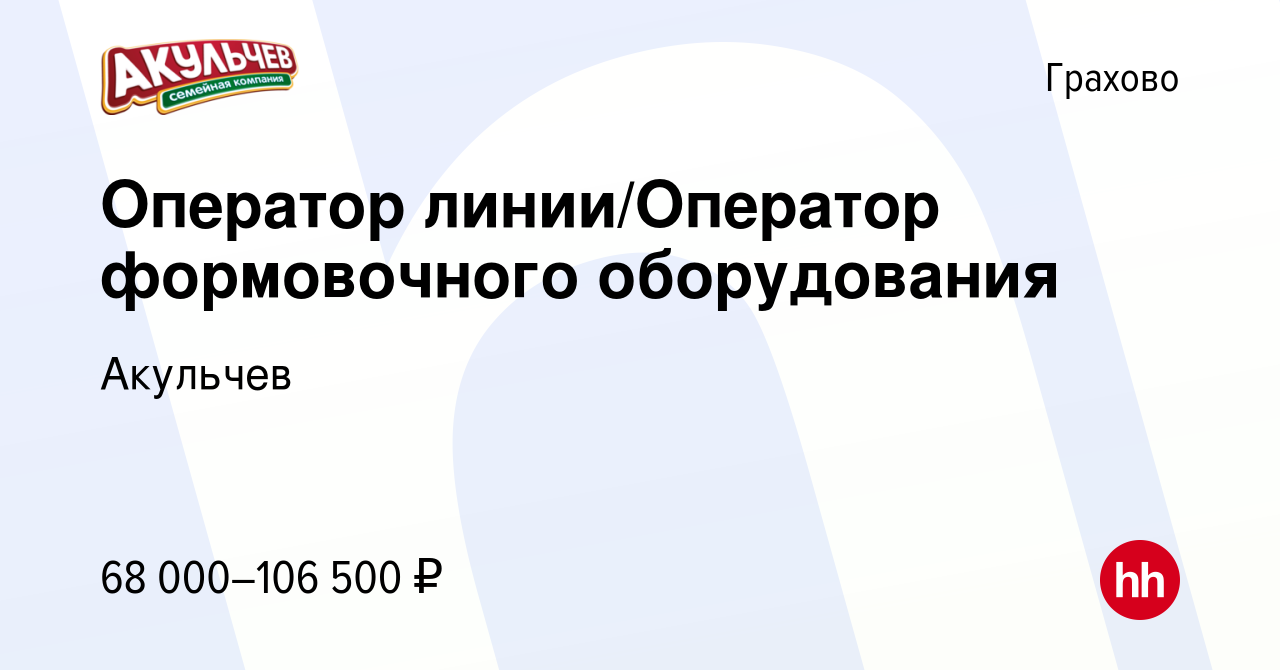 Вакансия Оператор линии/Оператор формовочного оборудования в Грахове,  работа в компании Акульчев