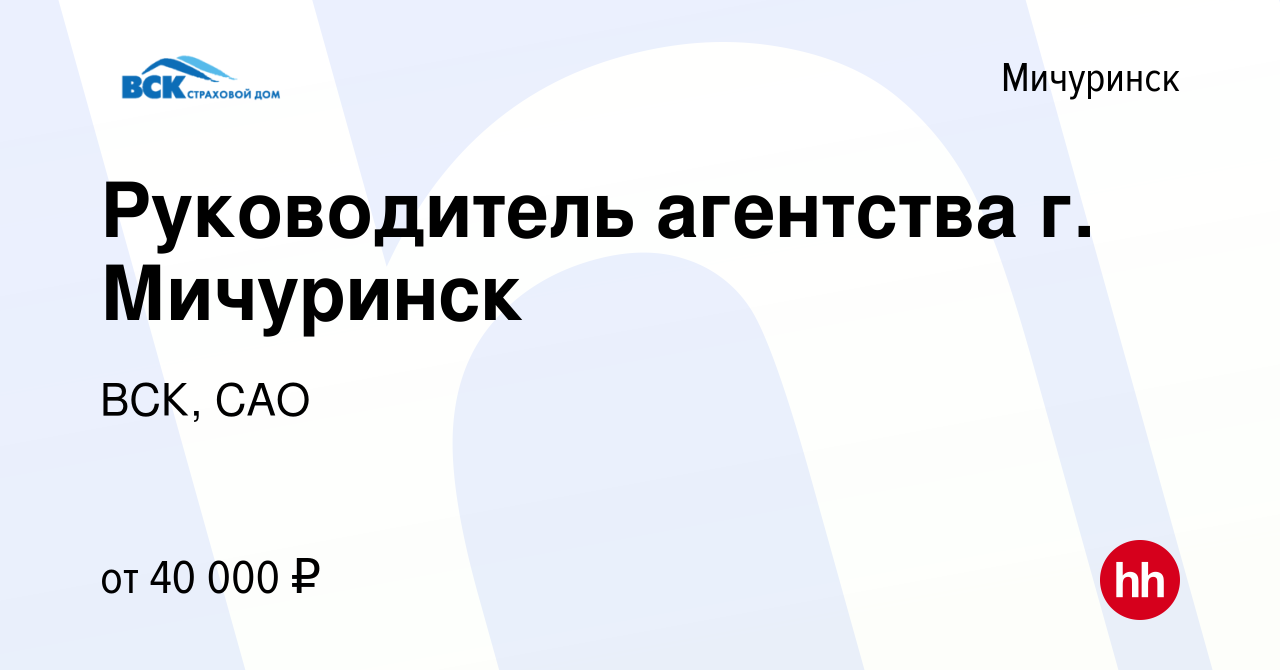 Вакансия Руководитель агентства г. Мичуринск в Мичуринске, работа в  компании ВСК, САО (вакансия в архиве c 6 июня 2024)