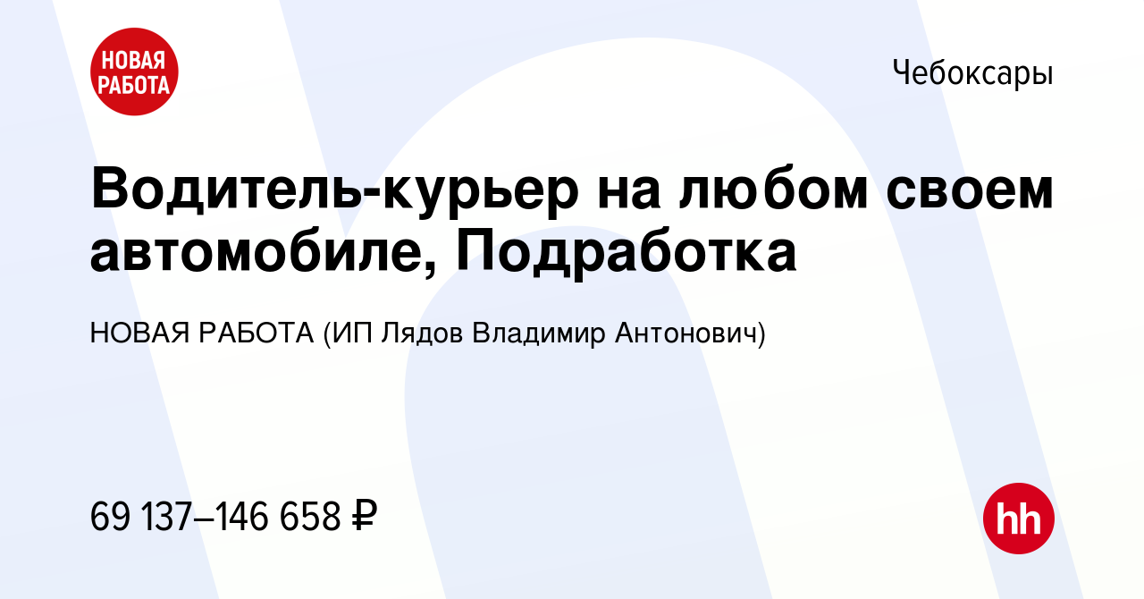 Вакансия Водитель-курьер на любом своем автомобиле, Подработка в  Чебоксарах, работа в компании НОВАЯ РАБОТА (ИП Лядов Владимир Антонович)  (вакансия в архиве c 22 мая 2024)