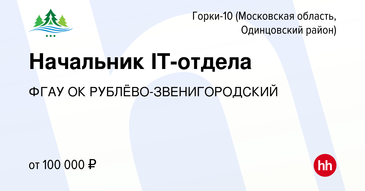 Вакансия Начальник IT-отдела в Горках-10(Московская область, Одинцовский  район), работа в компании ФГБУ ОК Рублево-Звенигородский (вакансия в архиве  c 22 мая 2024)